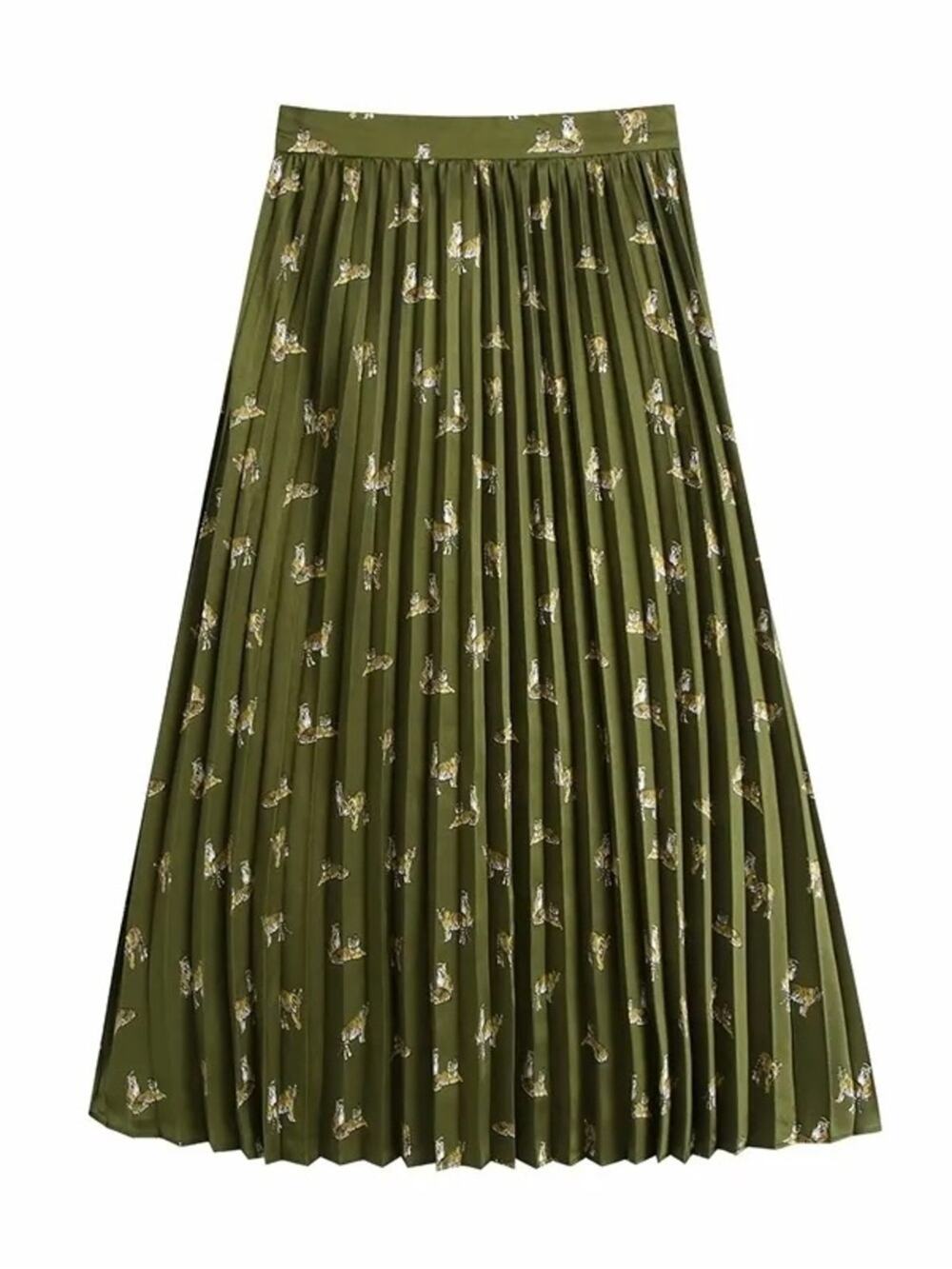 ZARA Olive Green Satin Pleated Tiger Print Midi Skirt Small